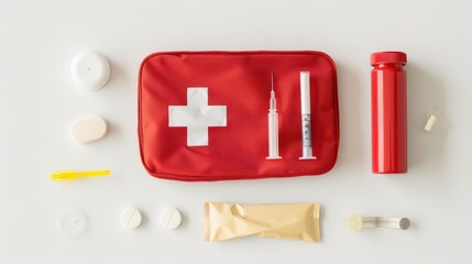 Flat lay composition featuring a first aid kit on a white background