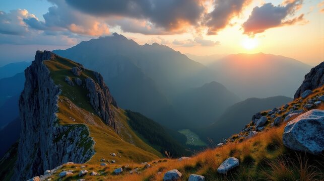 A detailed, high-quality photo of The Apennines (Gran Sasso d'Italia, Majella) in Italy at dusk with sunny weather, captured from a panoramic perspective, highlighting the peaks.