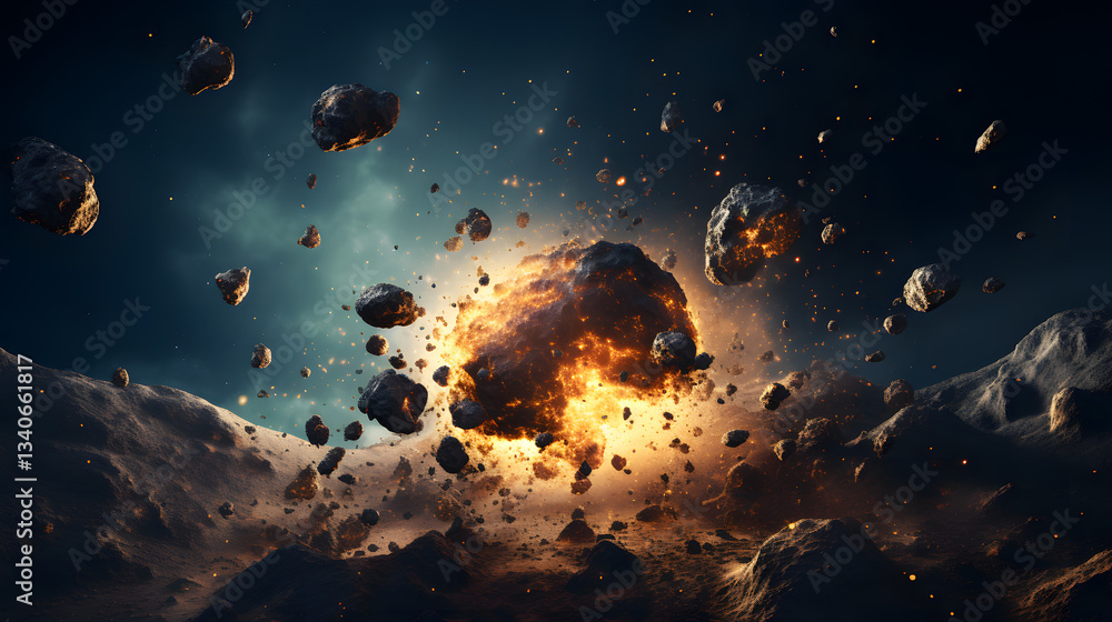 Poster explosive scene featuring a bunch of asteroids colliding and exploding in the cosmic landscape of ou