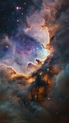 Fototapeta premium Stunning interstellar dust cloud illuminated by distant stars, creating a dramatic cosmic landscape.