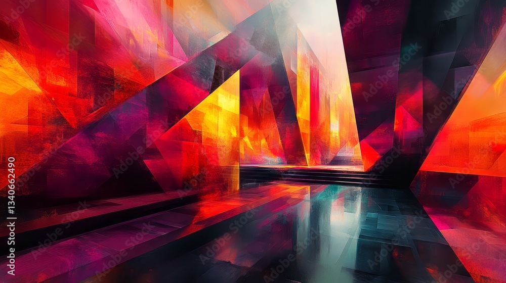 Poster abstract geometric artwork displays vibrant colors and angular composition