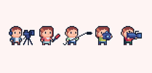 Media crew chibi human figures pixel art set. Adorable kawaii cameraman, reporter, photographer, collection. 8 bit. Game development, mobile app. Isolated vector illustration.
