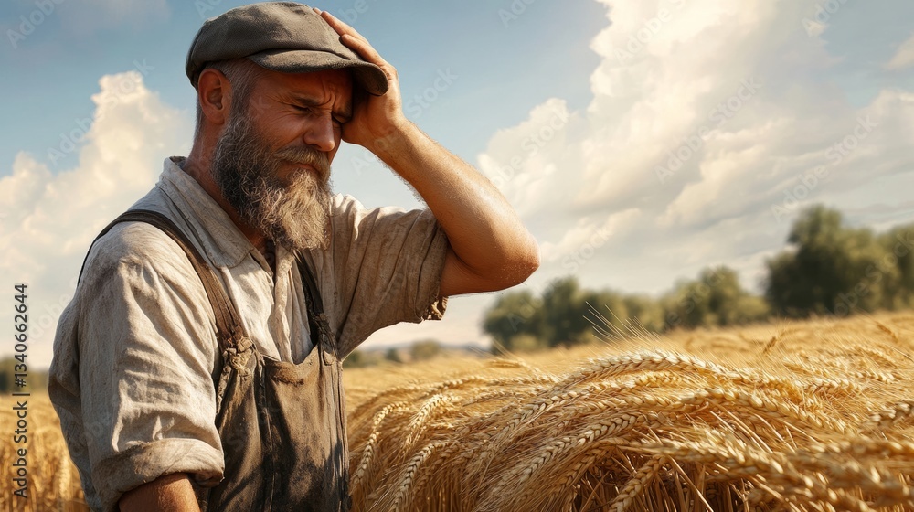 Poster man with a hat and beard is standing in a field of wheat. he is looking up at the sky and he is in d