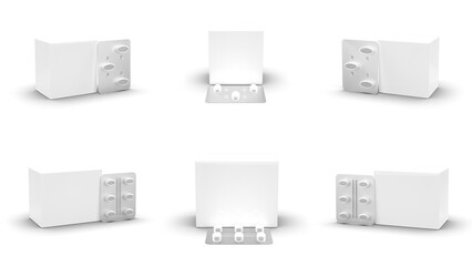 3D render of blister pack containing 3 and 6 tablets, with clear or printed foil backing displaying brand name, dosage, and manufacturing details. 4k, Pharmaceutical package mockup	