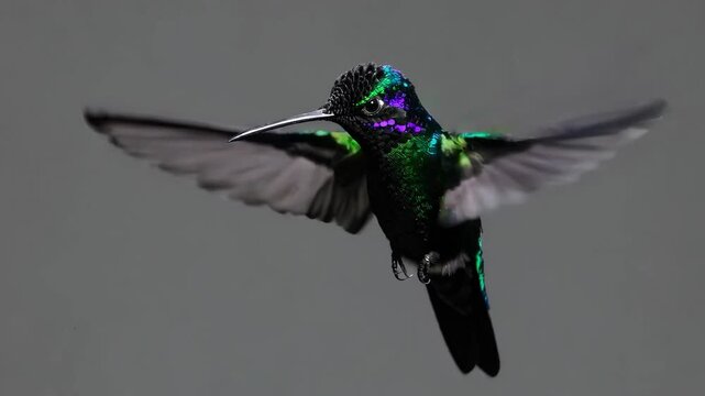 Iridescent hummingbird in flight, dark background. Nature and wildlife concept