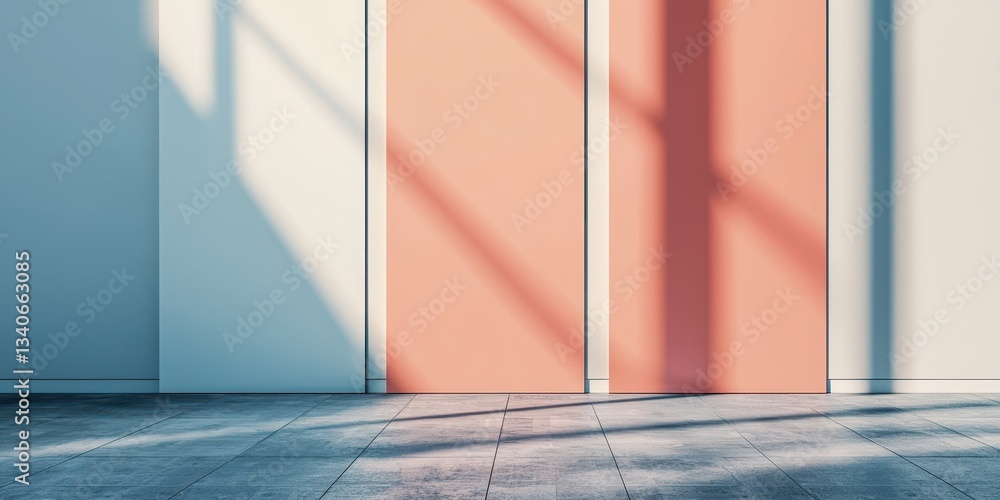 Poster a minimalist interior scene showcasing pastel-colored walls with long shadows, creating a serene and
