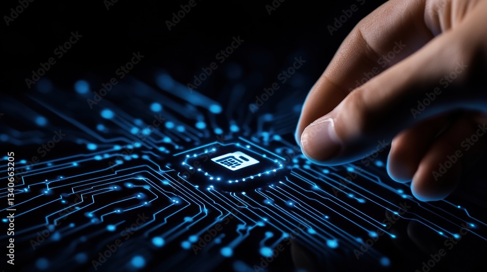Poster digital innovation: a hand interacts with a futuristic circuit board, symbolizing technological adva