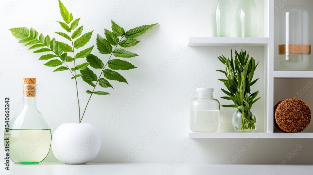 Poster white shelf with a potted plant and a few bottles on it. the bottles are of different sizes and shap