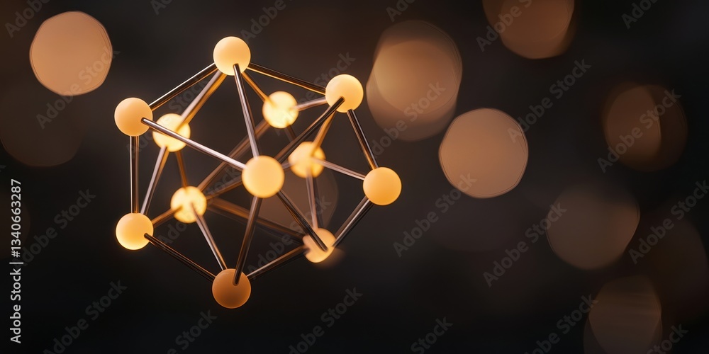 Poster A glowing geometric structure made of interconnected spheres, set against a blurred dark background with soft light bokeh effects.