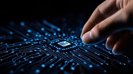 Digital Innovation:  A Hand Interacts with a Futuristic Circuit Board, Symbolizing Technological Advancement and Data Security.
