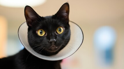 Adorable Black Cat with Cone Collar Looking Curiously at Camera in Bright, Blurred Background of a Cozy Indoor Space Suitable for Pet-Themed Content