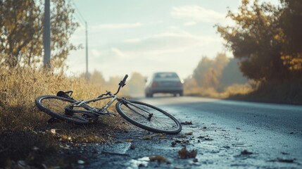 Abandoned Bicycle Lying on the Side of a Wet Road with a Car Driving Away