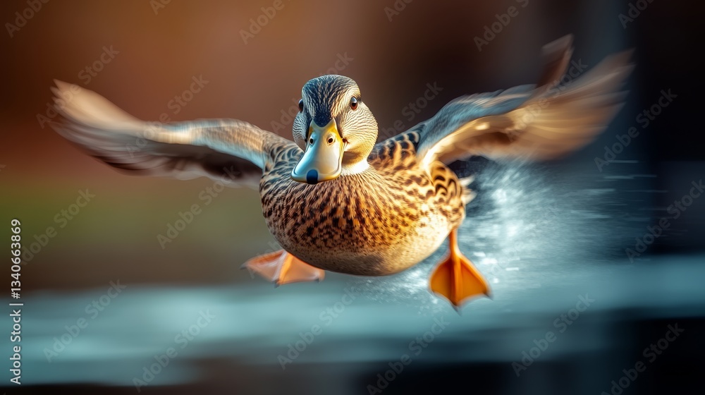 Aufkleber duck is flying in the air with its head down. the duck is in the middle of the image and is the main
