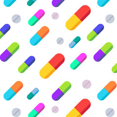 Seamless pattern of colorful pills and medicine capsules.
