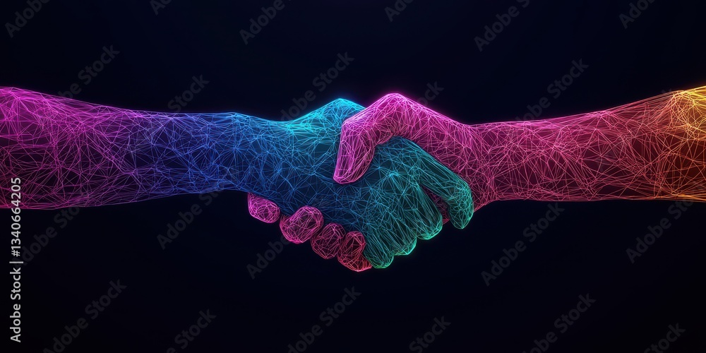Poster a digital representation of a handshake, symbolizing connection and collaboration, with vibrant colo