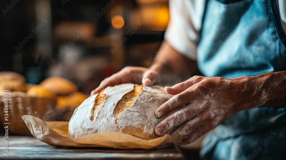 Poster man is making bread in a bakery. he is holding a piece of bread in his hand and is surrounded by oth
