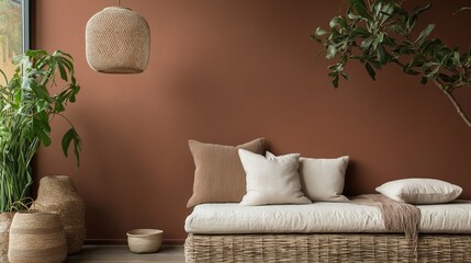 Modern living room with a large window on the left side. the wall is painted in a warm orange color and there is a large pendant light hanging above the sofa.