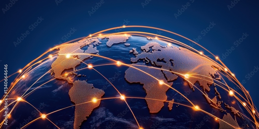 Poster A glowing globe with interconnected lines, symbolizing global connectivity and communication across continents.