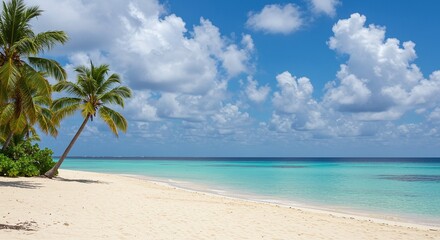 Tropical Paradise: A pristine beach with crystal-clear turquoise waters and swaying palm trees under a bright blue sky adorned with fluffy clouds. It’s a scene of pure serenity and relaxation.
