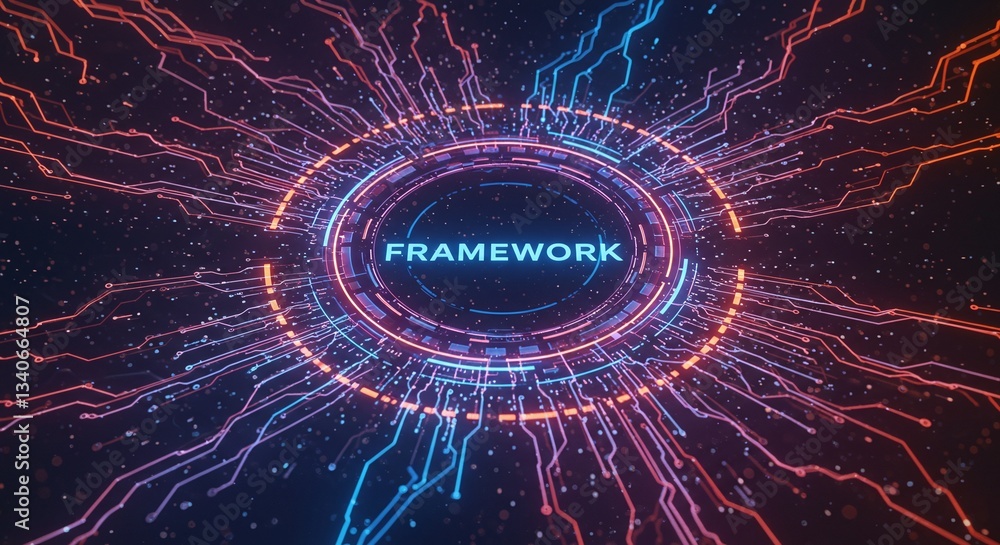 Poster digital framework: an eye-catching digital framework concept in vibrant neon hues, showcasing the in