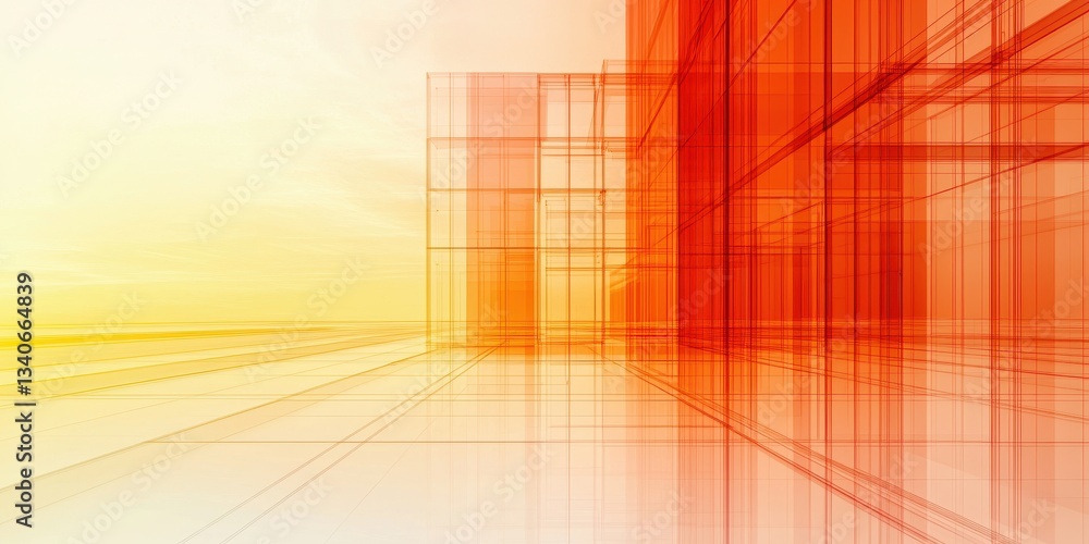 Poster a vibrant, abstract architectural design featuring geometric lines and warm color gradients of orang