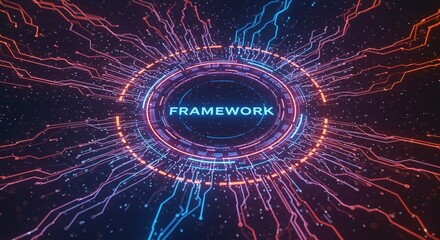 Digital Framework: An eye-catching digital framework concept in vibrant neon hues, showcasing the interconnectedness of data and information with the word "FRAMEWORK" at the core.