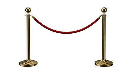 Gold-colored barrier poles with red rope for event control isolated on white or transparent png background