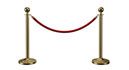 Gold-colored barrier poles with red rope for event control isolated on white or transparent png background
