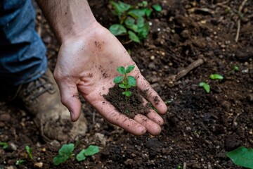 Close-Up of a Person Holding a Small Green Plant Seedling with Soil in an Outdoor Environment