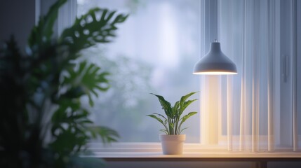 Cozy Indoor Scene with Plant and Soft Lighting from Pendant Lamp near Window with Curtains and Greenery