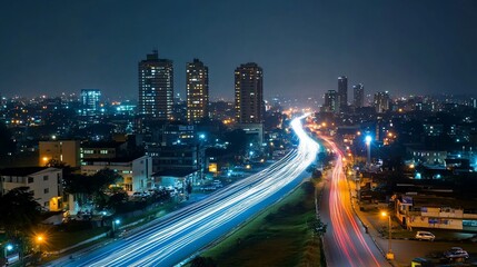Nighttime Cityscape with Light Trails from Vehicles on a Road in urban area