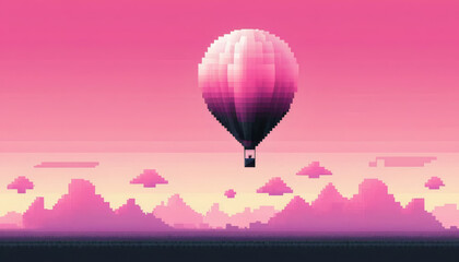 Obraz premium Pink 8-bit balloon with gradient color scheme transitioning from light to dark, showcasing smooth pixelated color change, retro design with vibrant hues, and enhanced depth for visual appeal.