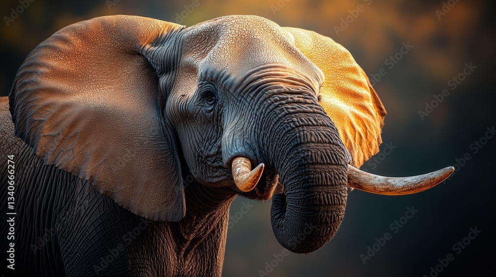 Poster large elephant with tusks is standing in front of a tree. the elephant has a serious expression on i