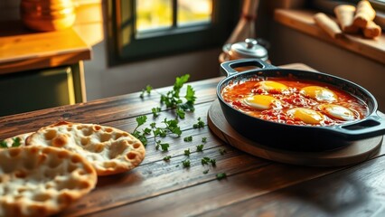 Shakshuka with pita bread on wooden table