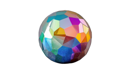 Colorful reflective disco ball rotating on transparent background
