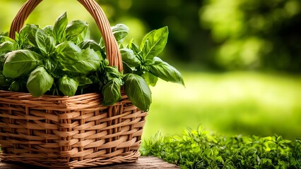 Naklejka premium A woven basket filled with fresh basil leaves, set against a blurred green garden background. Concept Fresh Basil, Woven Basket, Garden Background, Culinary Herbs, Nature Photography