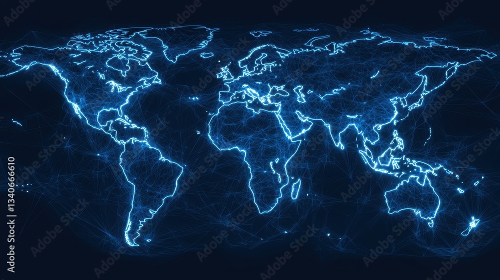 Poster a glowing blue map of the world, featuring illuminated lines representing geographical locations aga