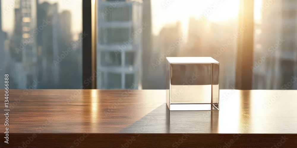 Poster A clear cube sits on a wooden table, illuminated by warm sunlight streaming through a large window with a cityscape in the background.