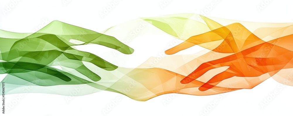 Poster Two abstract hands in green and orange hues reaching towards each other symbolize connection and unity.
