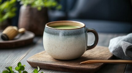 White ceramic mug with a handle on a wooden tray. the mug is filled with a green liquid, which appears to be a latte or tea.