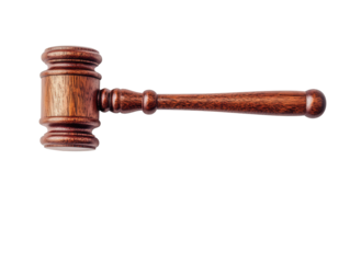 A wooden gavel with a polished finish, commonly used in legal proceedings to signify authority and order, Transparent Background.