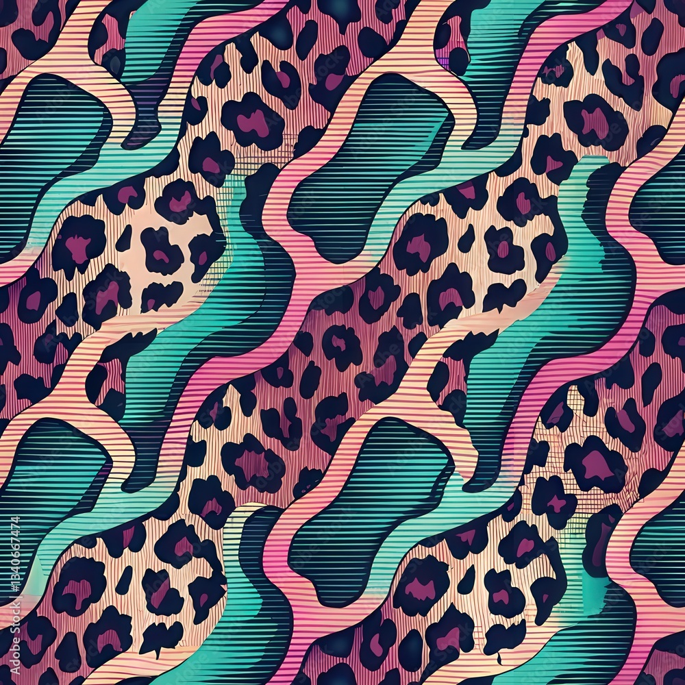 Poster seamless pattern, digital cowhide pattern featuring a distorted glitch effect for unique graphic des
