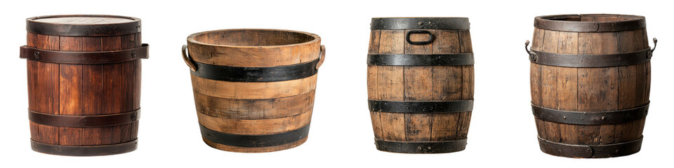 Fototapeta premium Collection of old weathered wooden barrels and containers commonly used for storing and aging alcoholic beverages like whiskey wine and beer in traditional cellars sheds and agricultural settings