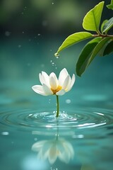 white water Lily, Lotus in Tranquil Water with Droplets, Symbol of Serenity 