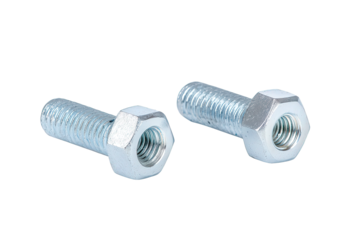 Two metallic bolts with hexagonal heads and threaded shafts, designed for fastening, Transparent Background.