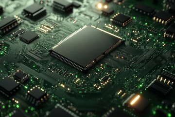 Obraz premium Microchip circuit board with intricate details illuminated by green lights in a close-up setting