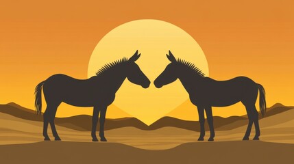 Silhouettes of Two Donkeys Facing Each Other at Sunset in a Desert Landscape with Warm Sunset Colors and a Soft Horizon Background
