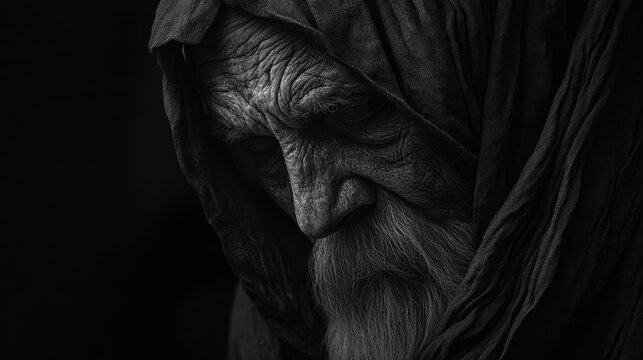 Elderly man with deep wrinkles, wearing a hooded cloak, reflecting wisdom and experience, perfect for International Day for Older Persons, portrait photography.