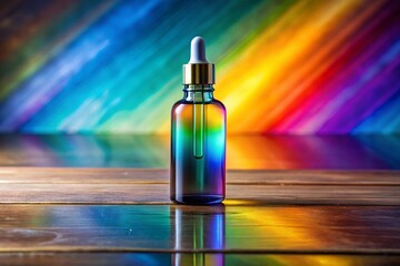 Naklejka premium Rainbow Glass Dropper Bottle on Wood, Minimalist Product Photography