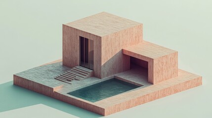 Minimalist Beige House 3D Model with Pool